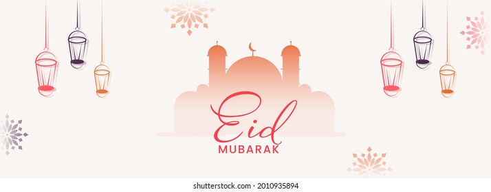 Eid Mubarak Banner Or Header Design With Silhouette Mosque, Lanterns Hang On White Background.