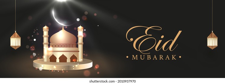Eid Mubarak Banner Or Header Design With 3D Golden Mosque, Crescent Moon And Lit Lanterns Hang On Black Bokeh Background.