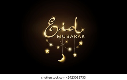 Eid Mubarak banner with islamic decoration. Hanging shiny crescent and stars lights string. Muslim holidays garland. Ramadan and Al Adha vector background. Eid calligraphy in arabic style.