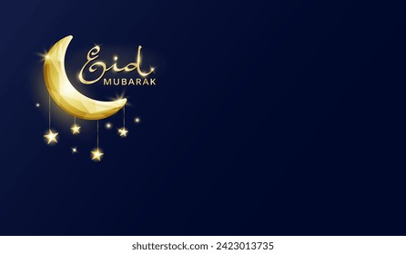Eid Mubarak banner with islamic decoration. Hanging shiny crescent and stars lights string. Muslim holidays garland. Ramadan and Al Adha vector background. Eid calligraphy in arabic style.