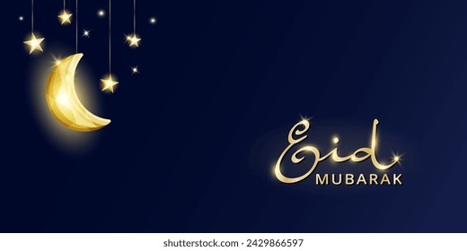 Eid Mubarak banner with islamic decoration. Hanging shiny crescent and stars lights string. Muslim holidays garland. Ramadan and Al Adha vector background. Eid calligraphy in arabic style.