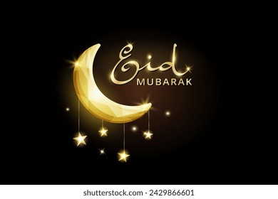 Eid Mubarak banner with islamic decoration. Hanging shiny crescent and stars lights string. Muslim holidays garland. Ramadan and Al Adha vector background. Eid calligraphy in arabic style.