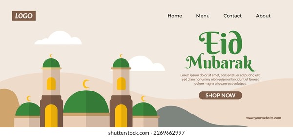 Eid Mubarak Banner with Mosque Vector Illustration - EPS 10 Vector