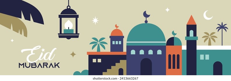 EID Mubarak banner, poster, greeting card, cover design with mosque, lantern and typography in flat geometric style.