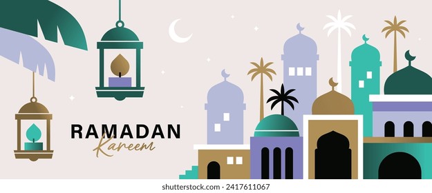 EID Mubarak banner, poster, greeting card, cover design with mosque, lantern and typography in flat geometric style.