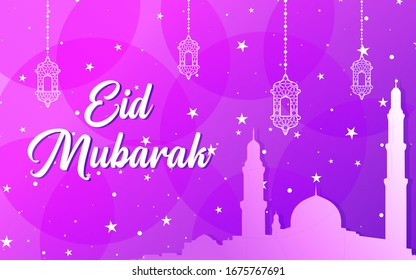 Eid Mubarak banner purple clear back ground with mosque and lamp gradient violet moslem
