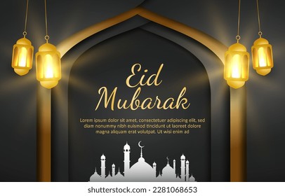 eid mubarak banner with quote and beautiful shiny luxury light islamic ornament and abstract gradient black and golden background design