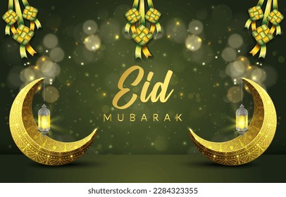 eid mubarak banner with quote and beautiful shiny islamic ornament and abstract gradient green and golden background