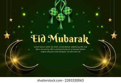 eid mubarak banner with quote and beautiful islamic ornament design with abstract gradient green background