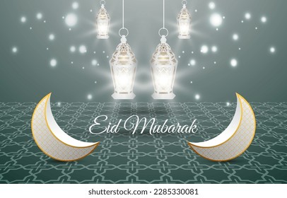 eid mubarak banner with quote and beautiful islamic ornament design with abstract gradient green and white background