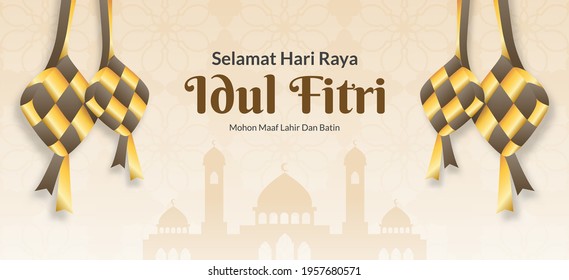 Eid Mubarak Banner. Selamat Idul Fitri Banner With Ketupat Illustration. Good Used For Landing Page, Header Social Media, Greeting Card, Etc - EPS 10 Vector