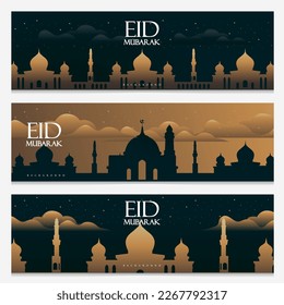 Eid Mubarak Banner Template Design Set with Golden Mosque and Green Background