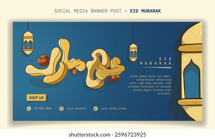 Eid mubarak. Banner template for eid mubarak design with 3d arabic typography and lantern in blue background. Arabic text mean is eid mubarak