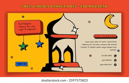 Eid mubarak. Banner template with desk lantern in retro design for eid mubarak campaign. Islamic banner in retro design