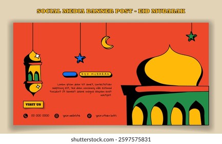 Eid mubarak. Banner template with mosque and lantern in red background with retro design. Islamic background in retro design
