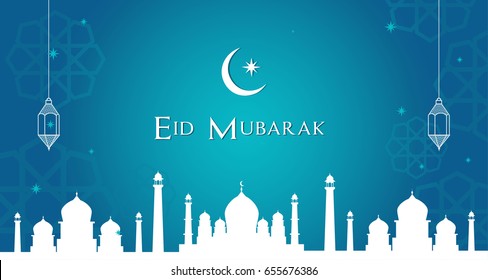 Eid Mubarak Banner Vector illustration, Night view of the Crescent moon, Arabic lantern and mosque.