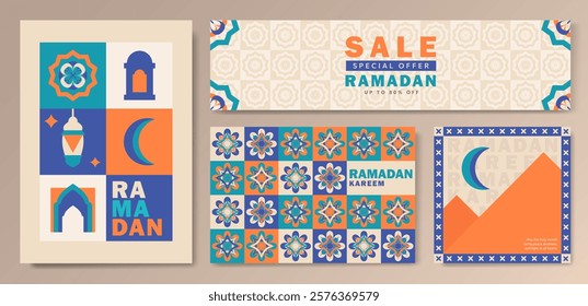 Eid Mubarak banners collection with Islamic patterns, mosque arch, crescent moon, lanterns and floral motifs in teal, blue, orange, beige with Ramadan Kareem text and a sale header with modern design