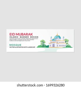 Eid Mubarak banners design with mosque and natural element, such us trees, grass. suitable for Ramadan Kareem flyer, poster, banner, greeting card, invitation card etc.