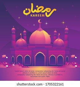 Eid Mubarak banners design with mosque and natural element on night purple scene. suitable for Ramadan Kareem flyer, poster, banner, greeting card, invitation card etc. 