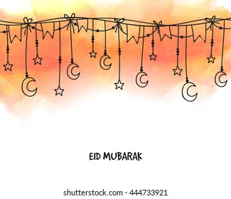Eid Mubarak Schöner Hintergrund mit Hängelstern und Crescent Moon, kann als Grußkarte oder Einladungskarte Design für muslimische Community Festivals Fest verwendet werden.