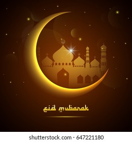 Eid Mubarak beautiful greeting card with moon and silhouette mosque
