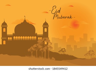 Eid Mubarak with a beautiful view of a mosque. Sunset Background vector