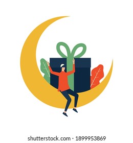 Eid mubarak con un gran regalo, hombre feliz con la luna creciente