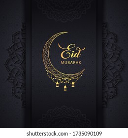 Eid Mubarak Black Background Greeting Design with Beautiful Mandala Art, Golden Moon, Islamic Lantern and Arabic Pattern