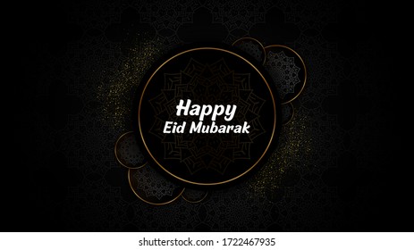 Eid mubarak black and golden background decorative greeting card vector design.Islamic art muslim holy day postcard design. Black banner with carved traditional girih pattern.