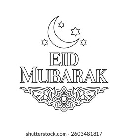 Eid Mubarak Black and White Line Art Design with Crescent Moon and Mandala 