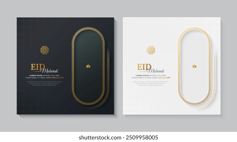 Eid Mubarak preto e branco cartões ornamentais com padrão islâmico e moldura de foto decorativa