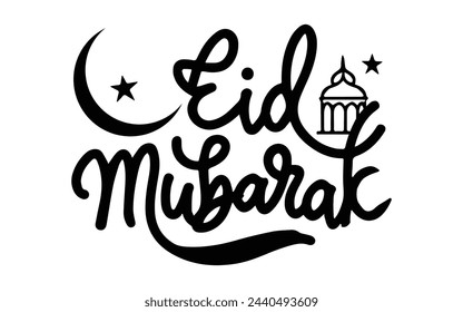 Eid Mubarak Black and White typography, Vector calligraphy  for your design. Eid Mubarak For greeting cards, posters, templates for paper cutout, laser cutting, outline, black and white vector file