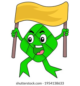 Plantilla de banner de Eid Mubarak Blank con imagen de caricatura, ilustración vectorial, imagen de icono del doodle kawaii.