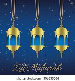 "Eid Mubarak" (Blessed Eid) lantern greeting card in vector format.