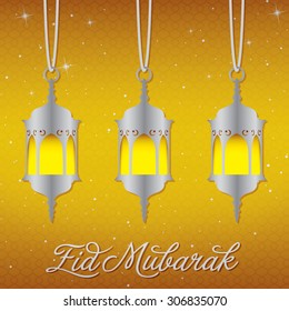 "Eid Mubarak" (Blessed Eid) lantern greeting card in vector format.