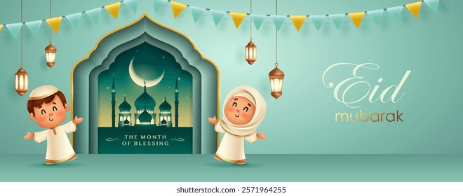 Eid Mubarak Blessings: Joyful Kids with Mosque and Lantern Decor