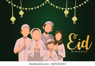 Eid Mubarak Blessings: Joyful Kids with Mosque and Lantern Decor. 