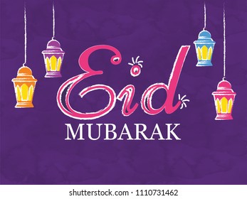 Eid Mubarak and brush stroke hanging laterns on grungy purple background, Poster or Banner Design.