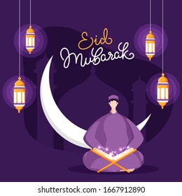 Eid Mubarak Calligraphy with Cartoon Muslim Man Reading Magic Quran (Holy Book), Crescent Moon and Hanging Lanterns Decorated on Purple Mosque Background.