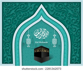 Eid Mubarak Kalligrafie mit exquisiten, aus Papier geschnittenen Laternen, arabischen Ornamenten auf grünem weißem Hintergrund. arabischer Text: "Frohe Eid für dich"