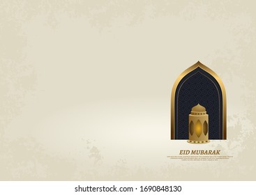 Eid mubarak calligraphy golden lantern and mosque door vector Illustration with pattern for Banner, Background, Card, Voucher, Media of the Islamic or arabic festival.