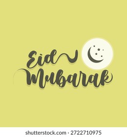 Eid Mubarak Calligraphy Greeting with Crescent Moon and Stars Minimalist Icon on Yellow Background