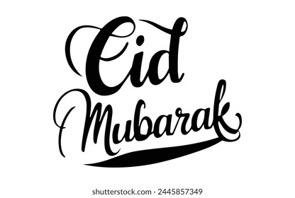 Eid Mubarak calligraphy handwritten lettering inscription to ramadan holiday design, black and white vector illustration