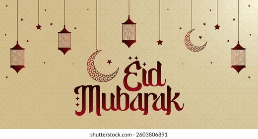 Eid Mubarak Calligraphy with Hanging Lanterns, Crescent Moons, and Stars on a Beige Floral Pattern Background ,Islamic Festival Greeting Card, Ramadan Kareem, Social Media Post, Elegant Vector Design
