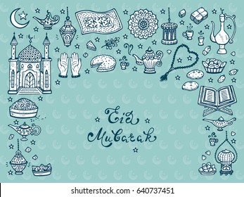Eid Mubarak Calligraphy Lettering Phrase and doodle Traditional Arabic items. Greeting card template for holy Muslim festival Ramadan Kareem or Eid ul-Fitr or Eid al-Adha Vector Background