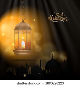 Eid Mubarak calligraphy with Mosque silhouette on Islamic Background lunar Art Deco,Islam backdrop ornament template,Vector card for Muslim Religion Symbolic for Eid al fitr,Ramadan Kareem,Eid al Adha