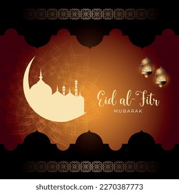 Eid Mubarak calligraphy with mosque upon moon on a turquoise background, happy holiday written in Arabic words