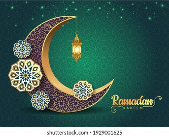 Eid mubarak calligraphy with round ornament upon moon on green background, vector illustration	design