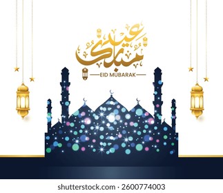 Eid Mubarak calligraphy text. 3d luxury Eid al-Fitr or Al-Adha greetings with glowing mosque. Translation: "Celebration day of Muslims after fasting month."