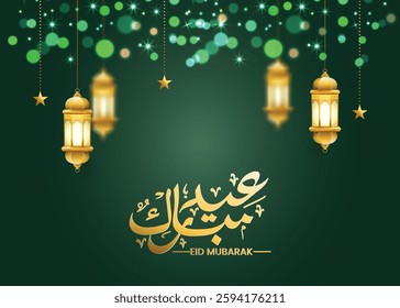 Eid Mubarak calligraphy text. Eid al-Fitr or Al-Adha green greetings illustration with golden moon. Translation: "Celebration day of Muslims after fasting month."